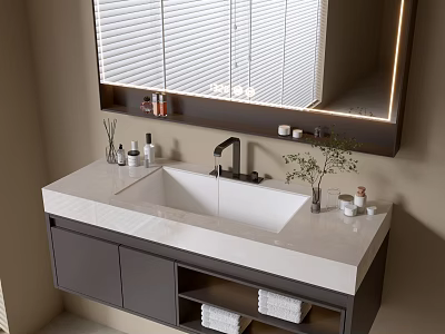 Modern Bathroom Vanity Cabinet With White Countertop Lighted Mirror Toiletries And Towels 3d model