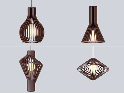Stylish Wooden Pendant Lights With Various Geometric Shapes And Intricate Carved Patterns For Warm Illumination 3d model