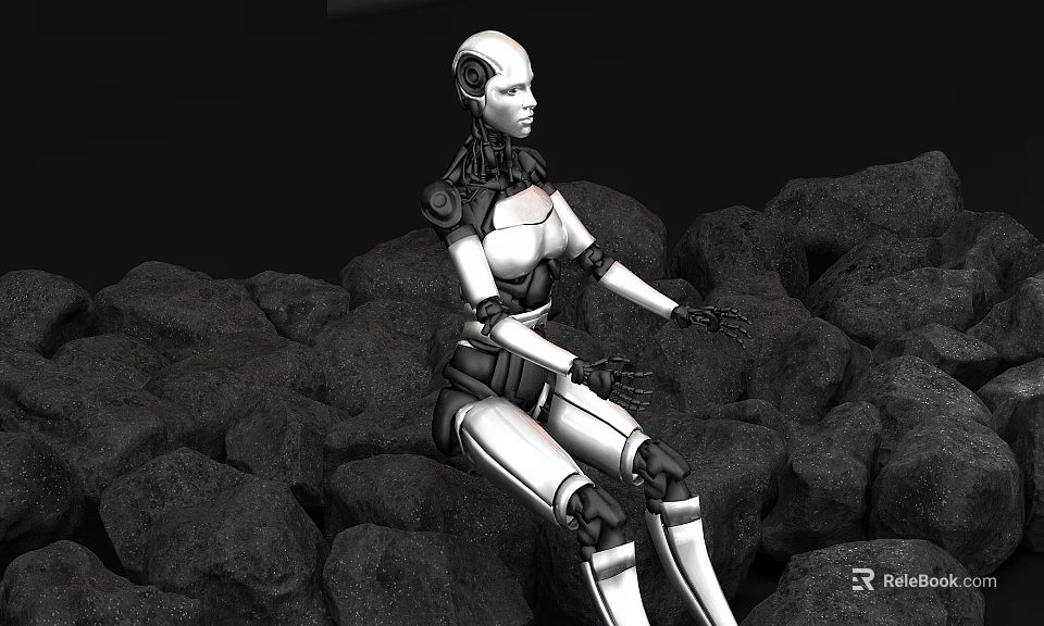 Silver White Mechanical Robot Sitting On Gray Rocks With Black Background 3d model