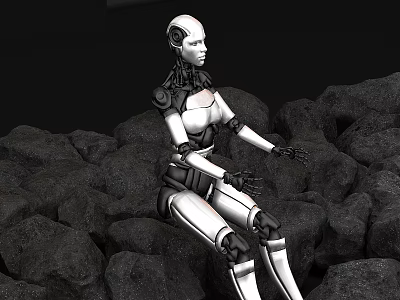 Silver White Mechanical Robot Sitting On Gray Rocks With Black Background 3d model