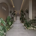 Hotel Corridor With Lush Green Plants Wooden Walls And Arched Design Elements