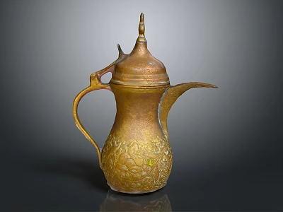 Golden Brass Teapot With Intricate Carvings Spire Lid And Long Spout Design 3d model