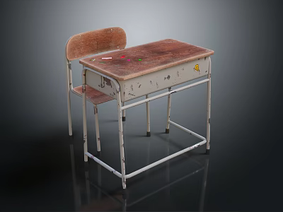 Children's Old Wooden Desk and Chair Set with Worn Surface and Metal Frame 3d model