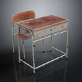 Children's Old Wooden Desk and Chair Set with Worn Surface and Metal Frame