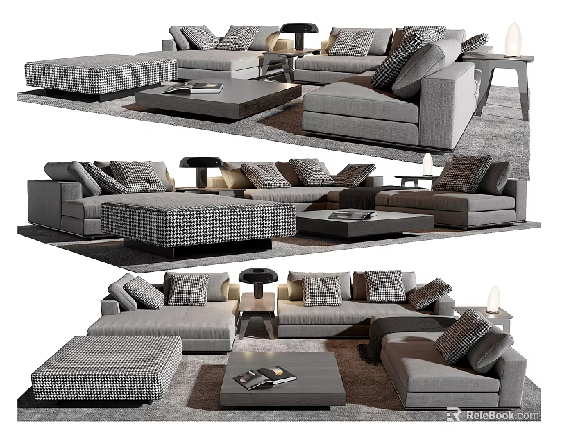 Modern Gray Fabric Sofa and Coffee Table Set With Decorative Pillows and Side Table 3d model