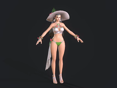 Woman In Green Bikini With Wide Brimmed Hat And Flowing Fabric Accessories 3d model