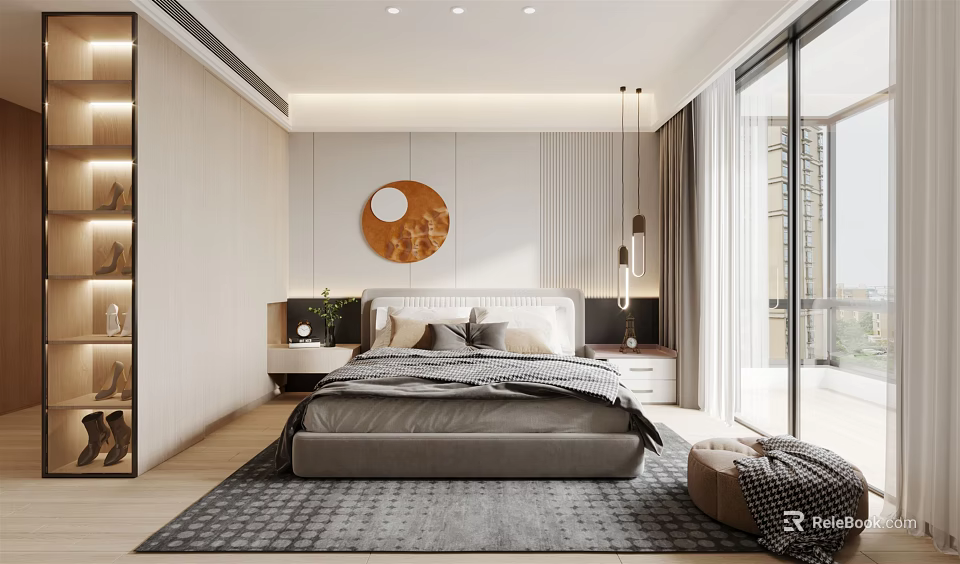 Modern Bedroom Interior With Gray Platform Bed Circular Wall Art And Floor To Ceiling Windows 3d model