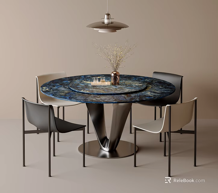 Modern Round Table With Blue Marble Rotating Top Metal Base And Four Black Beige Chairs 3d model 