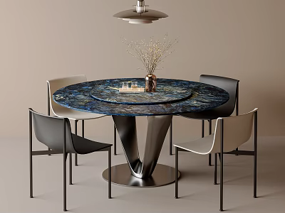 Modern Round Table With Blue Marble Rotating Top Metal Base And Four Black Beige Chairs 3d model