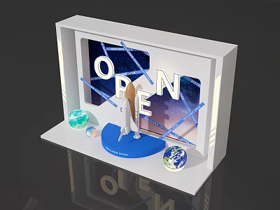 Interactive Zone Featuring OPEN Sign Rocket Model And Globes On Starry Background Display Frame 3d model