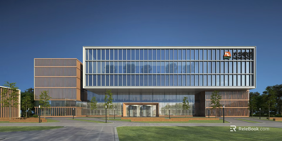 Modern Office Building With Glass Curtain Wall Adjacent Structure Front Lawn And Pathway 3d model 