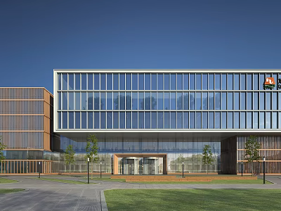 Modern Office Building With Glass Curtain Wall Adjacent Structure Front Lawn And Pathway 3d model