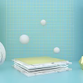 Light Blue Grid Background With Yellow Curtains Marble Ring Stacked Platform And Floating Spheres 3d model