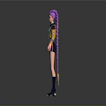 Three Women In Yellow Jacket Black Shorts Purple Boots And Purple Hair On Gray Background