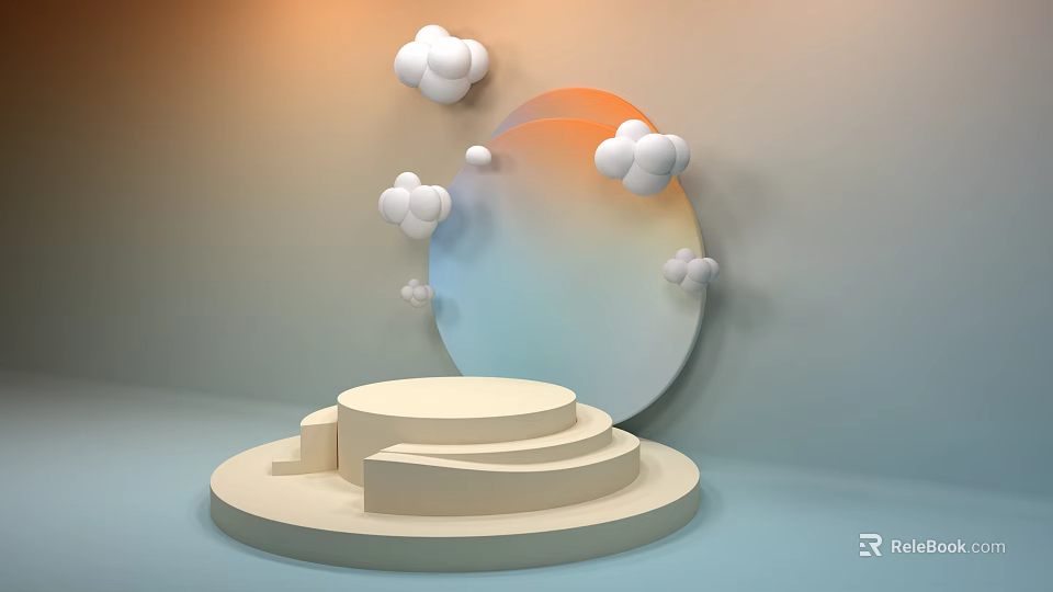 Minimalist Display Stand With Multi Tiered Platform Gradient Circular Mirror White Cloud Decor Soft Tones 3d model 