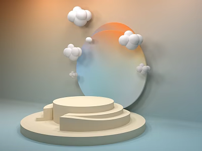 Minimalist Display Stand With Multi Tiered Platform Gradient Circular Mirror White Cloud Decor Soft Tones 3d model