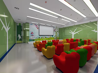 Kindergarten Indoor Space With Green Walls White Tree Decorations And Colorful Seats 3d model
