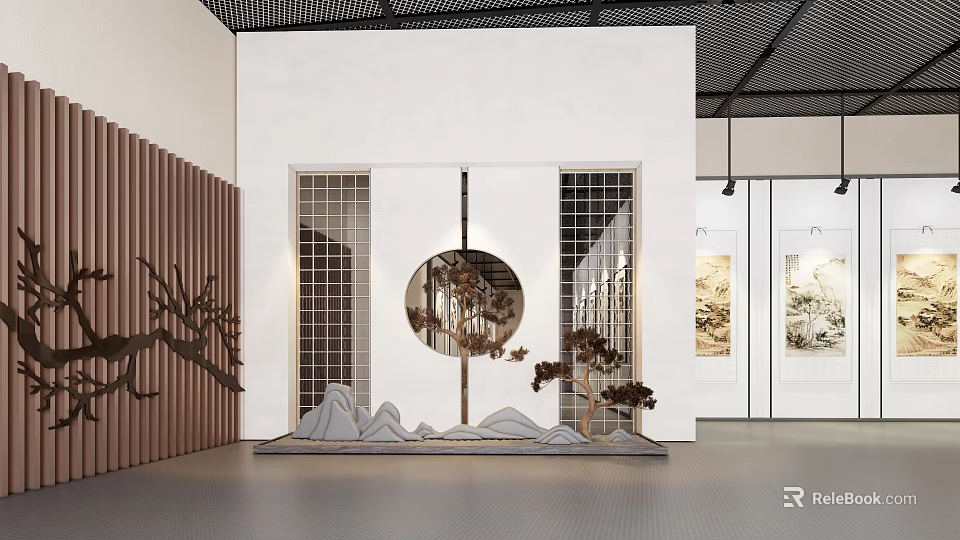 Chinese Cultural Center Interior With Circular Lattice Window Rockery And Paintings 3d model 