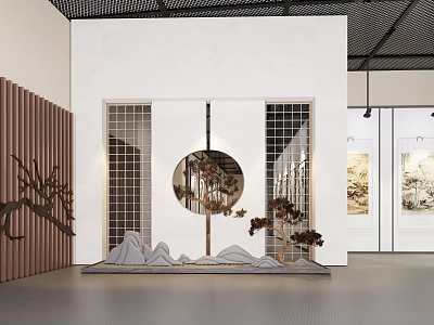 Chinese Cultural Center Interior With Circular Lattice Window Rockery And Paintings 3d model