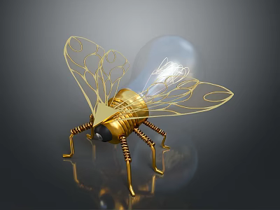 Golden Insect Shaped Bulb Lamp Unique Decorative Furniture With Artistic Wings And Spiral Legs 3d model