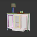 White Entryway Console Cabinet With Glass Door Wooden Top Slim Legs Lamp And Decor Items