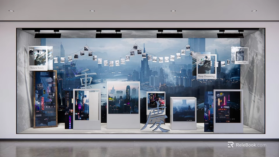 Modern Storefront Window Display With Urban City Background Multiple Hanging Photos And Displayed Frames 3d model 