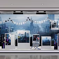 Modern Storefront Window Display With Urban City Background Multiple Hanging Photos And Displayed Frames
