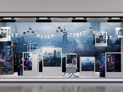 Modern Storefront Window Display With Urban City Background Multiple Hanging Photos And Displayed Frames 3d model