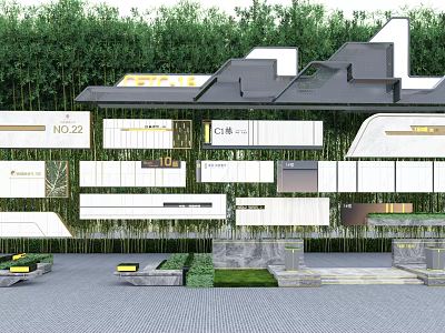 Modern Feature Wall with Bamboo Grove Background Geometric Panels and Estate Signs 3d model