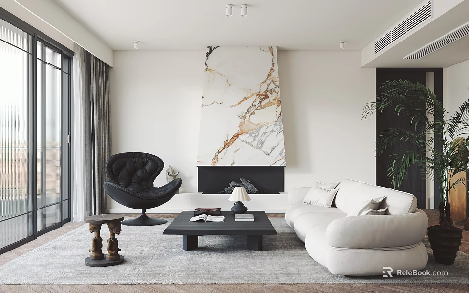 Modern Living Room Interior With White Sofa Black Armchair And Marble Fireplace 3d model 
