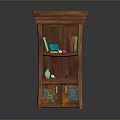 Wooden Bookshelf with Multiple Shelves Displaying Books Decorative Items and Colorful Cabinet Doors