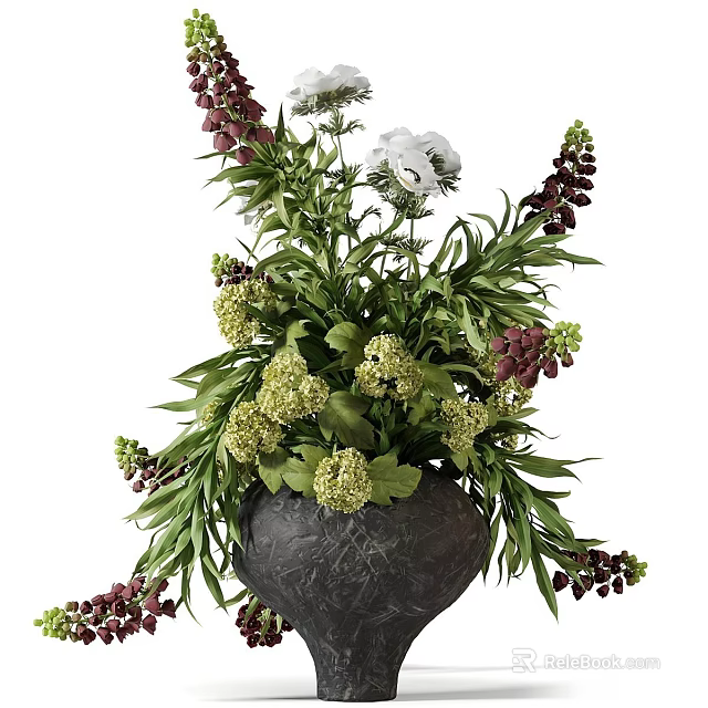 Natural Flower Arrangement in Dark Ceramic Vase with Green Leaves and Purple Blooms 3d model 