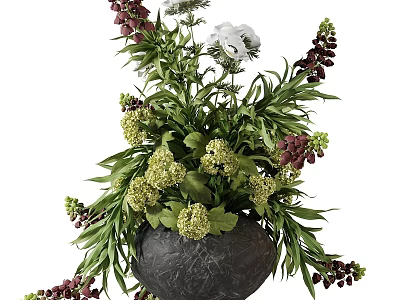 Natural Flower Arrangement in Dark Ceramic Vase with Green Leaves and Purple Blooms 3d model