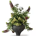 Natural Flower Arrangement in Dark Ceramic Vase with Green Leaves and Purple Blooms