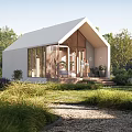 Modern Detached Villa With White Facade Large Glass Windows Wooden Elements Garden And People Walking