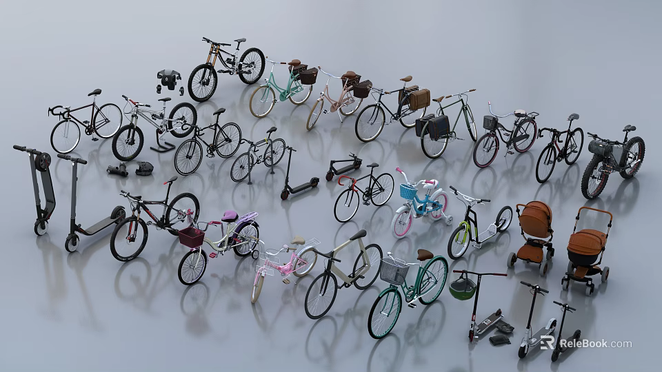 Assortment of Colorful Bicycles in Various Styles with Accessories on 3d model 