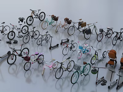 Assortment of Colorful Bicycles in Various Styles with Accessories on 3d model