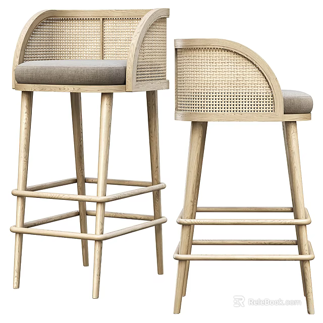 Modern Rattan Bar Stools With Gray Cushions And Wooden Frame 3d model 