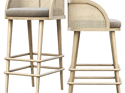 Modern Rattan Bar Stools With Gray Cushions And Wooden Frame 3d model