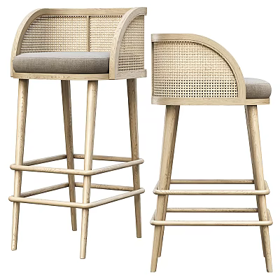 Modern Rattan Bar Stools With Gray Cushions And Wooden Frame 3d model