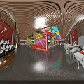Cyberpunk Style Restaurant Interior with Neon Lights Dining Tables Chairs Green Plants and Decorative Paintings