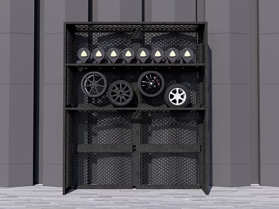 Black Metal Mesh Display Shelf With Car Wheels And Small Cone Shaped Lamps 3d model
