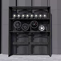 Black Metal Mesh Display Shelf With Car Wheels And Small Cone Shaped Lamps