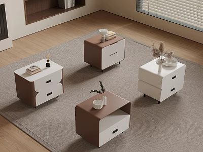 Modern Brown And White Bedside Tables With Drawers And Decorative Items On Wooden Floor Rug 3d model