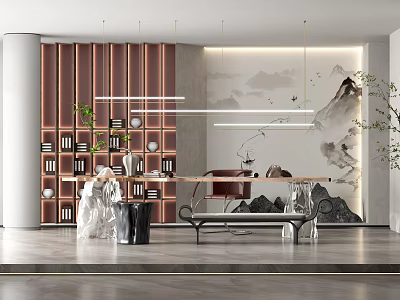 Elegant Study Room Interior With Wooden Bookshelves Hanging Lights And Landscape Painting 3d model