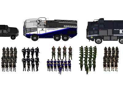Men in Uniform Standing Near Vehicles Like Command Truck Armored Vehicle and SUV 3d model