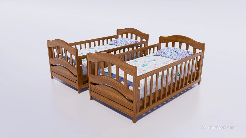 Two Sturdy Wooden Children's Beds With Curved Headboard And Patterned Pillows 3d model 