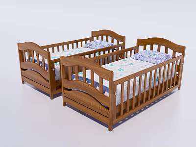 Two Sturdy Wooden Children's Beds With Curved Headboard And Patterned Pillows 3d model
