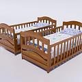 Two Sturdy Wooden Children's Beds With Curved Headboard And Patterned Pillows