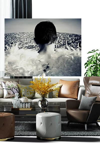 Modern Living Room Sofa And Coffee Table Set With Decorative Painting And Potted Plants 3d model